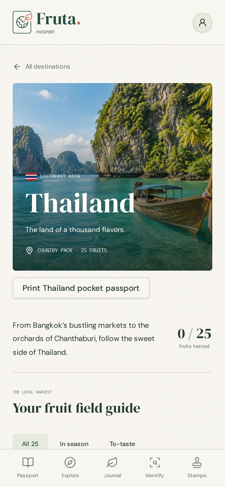 Actual Fruta Passport app preview showing the Thailand fruit collection